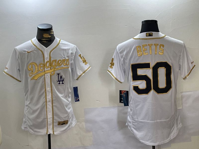 Men Los Angeles Dodgers 50 Betts White Gold Elite 2024 Nike MLB Jersey style 6